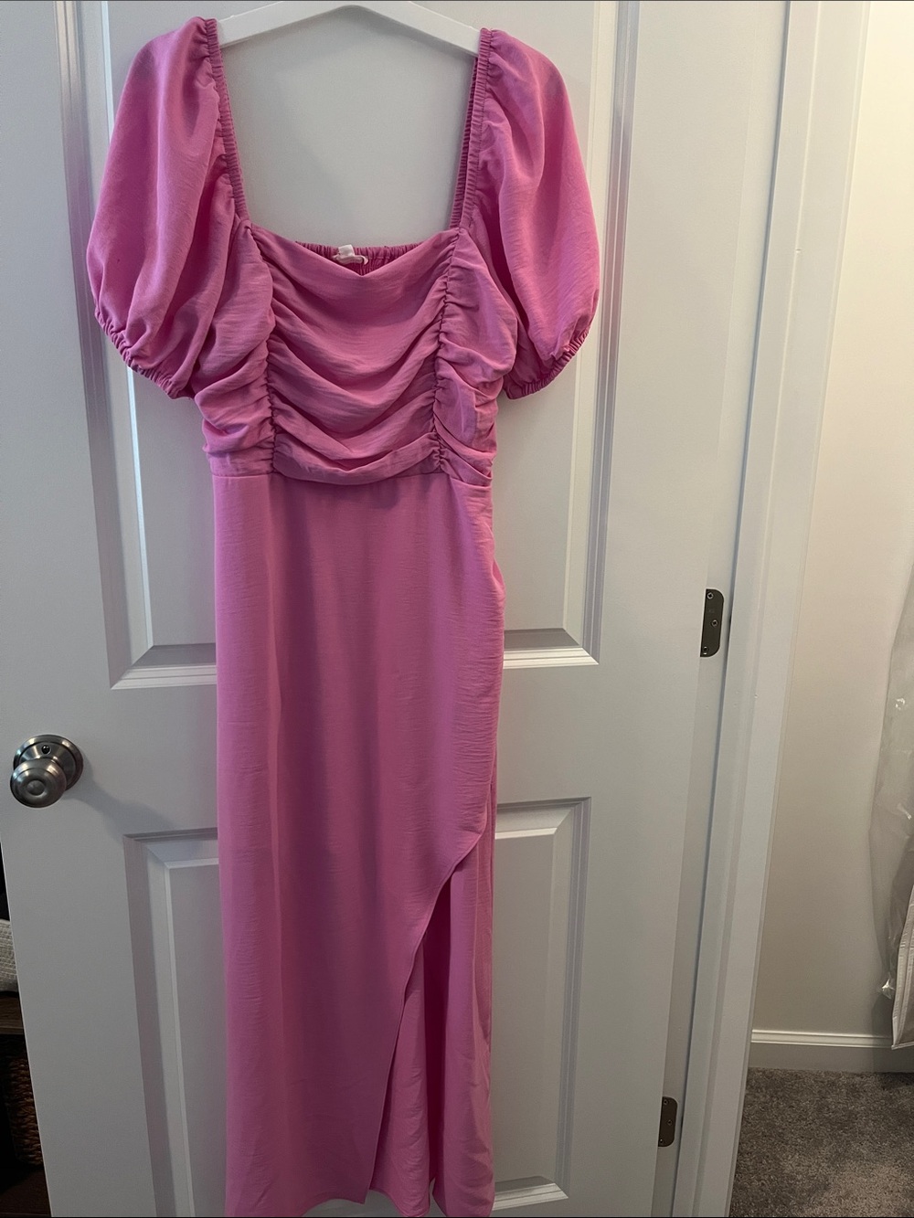 Pink Ruched Puff Sleeve Maxi Dress